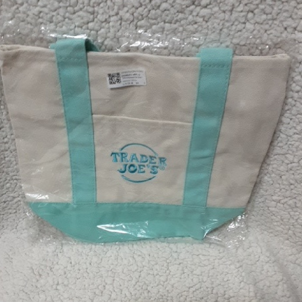 Trader Joe's Canvas Tote Bag in Aqua and Cream